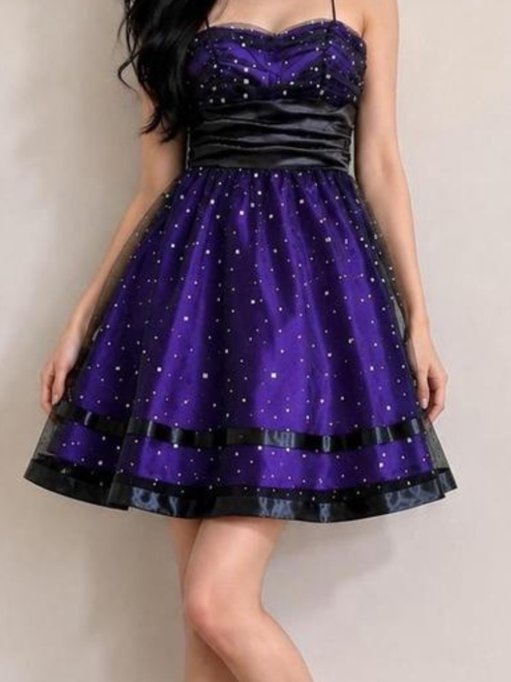 Purple Strapless Sparkle Skater Dress with Black Waistband